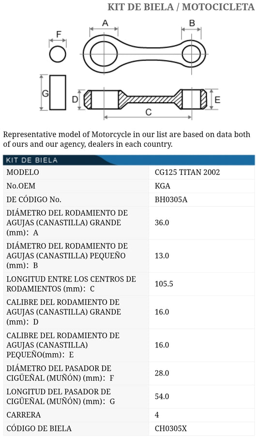 BIELA KIT HONDA NXR125 BROS TKRJ JAPON REFERENCIA KGA