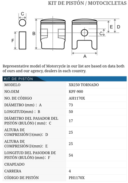 PISTON KIT HONDA XR250 TORNADO 0.25 TKRJ JAPON REFERENCIA 13102-KFP-900