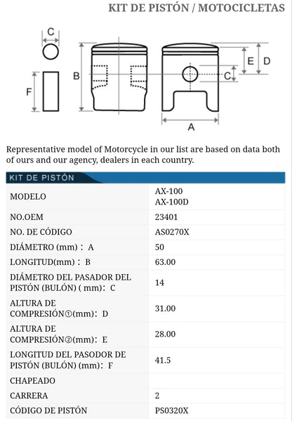 PISTON KIT SUZUKI AX100 TKRJ JAPÓN MEDIDA 1.25